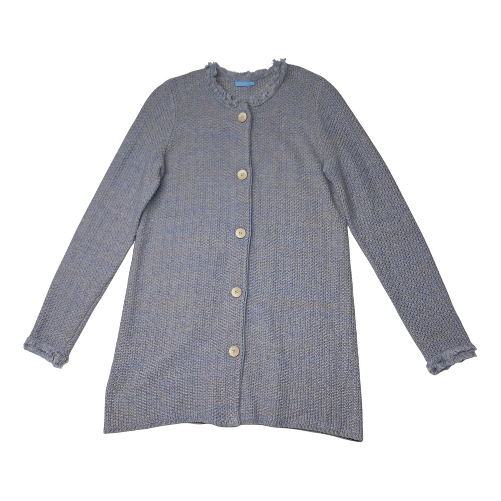 J. McLaughlin Nan Cardigan Longline Sweater Womens Small Blue Beige Fringe Tweed